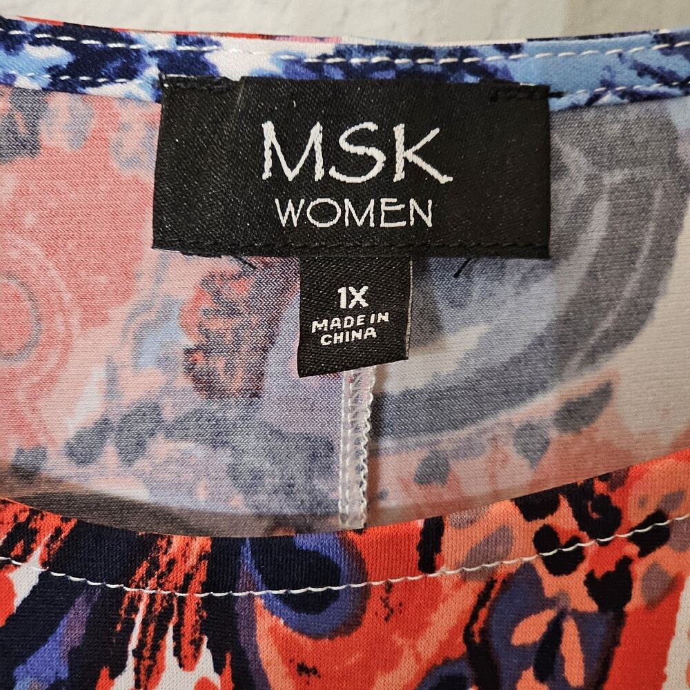 MSK Womens Dress Red White Blue Paisley Floral Stretch Short Sleeve Rivet 1X - Picture 3 of 8